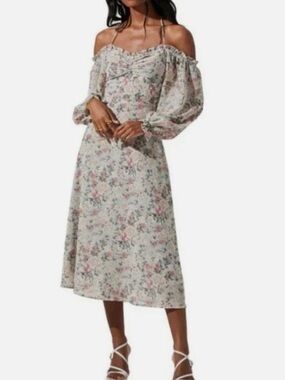 Astr Off-Shoulder Floral Midi Dress in Ivory with Pink & Green Print
